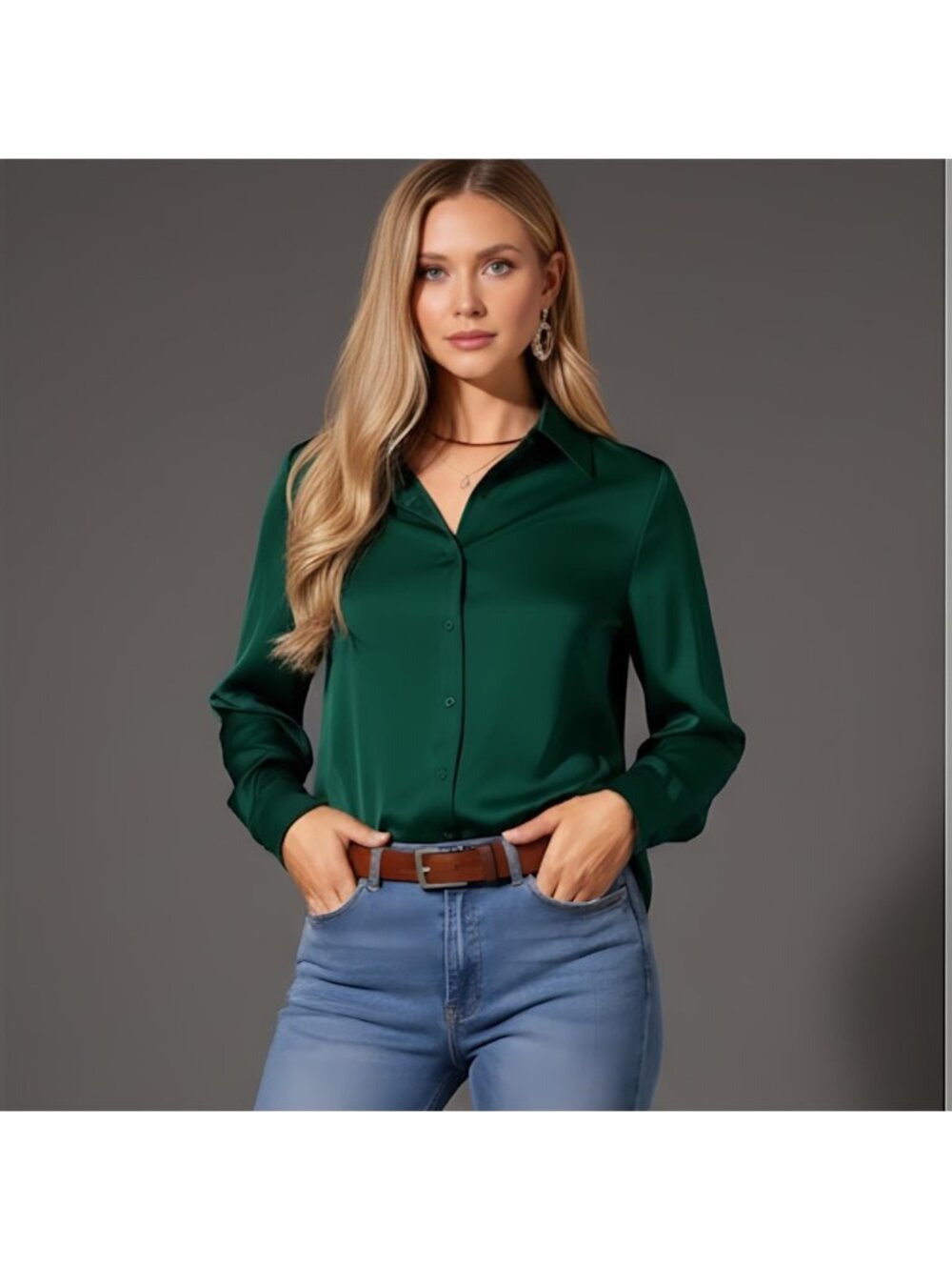 Satin Button Front Long Sleeve Blouse Emerald Green
